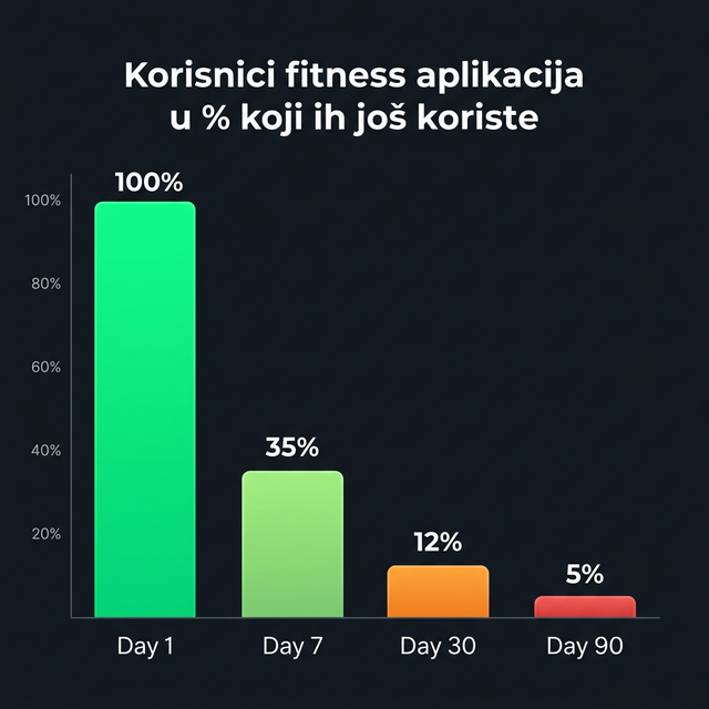 Graf: Korisnici fitness aplikacija koji ih još koriste po danima korištenja