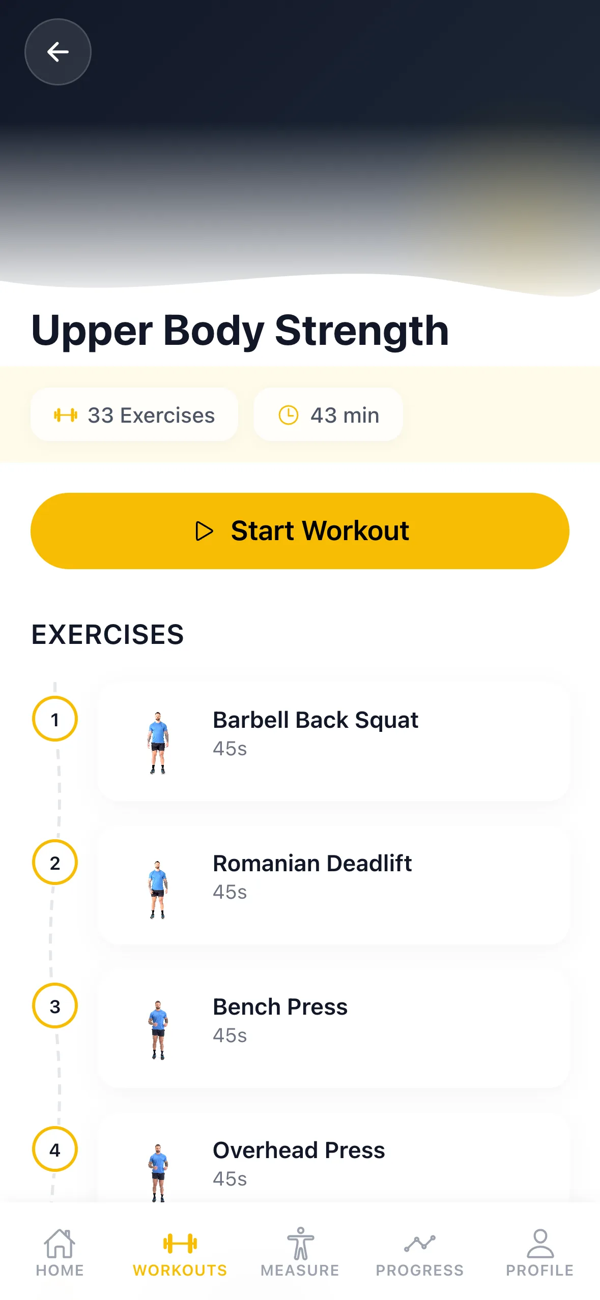 A workout in the MyFittio app with its list of exercises